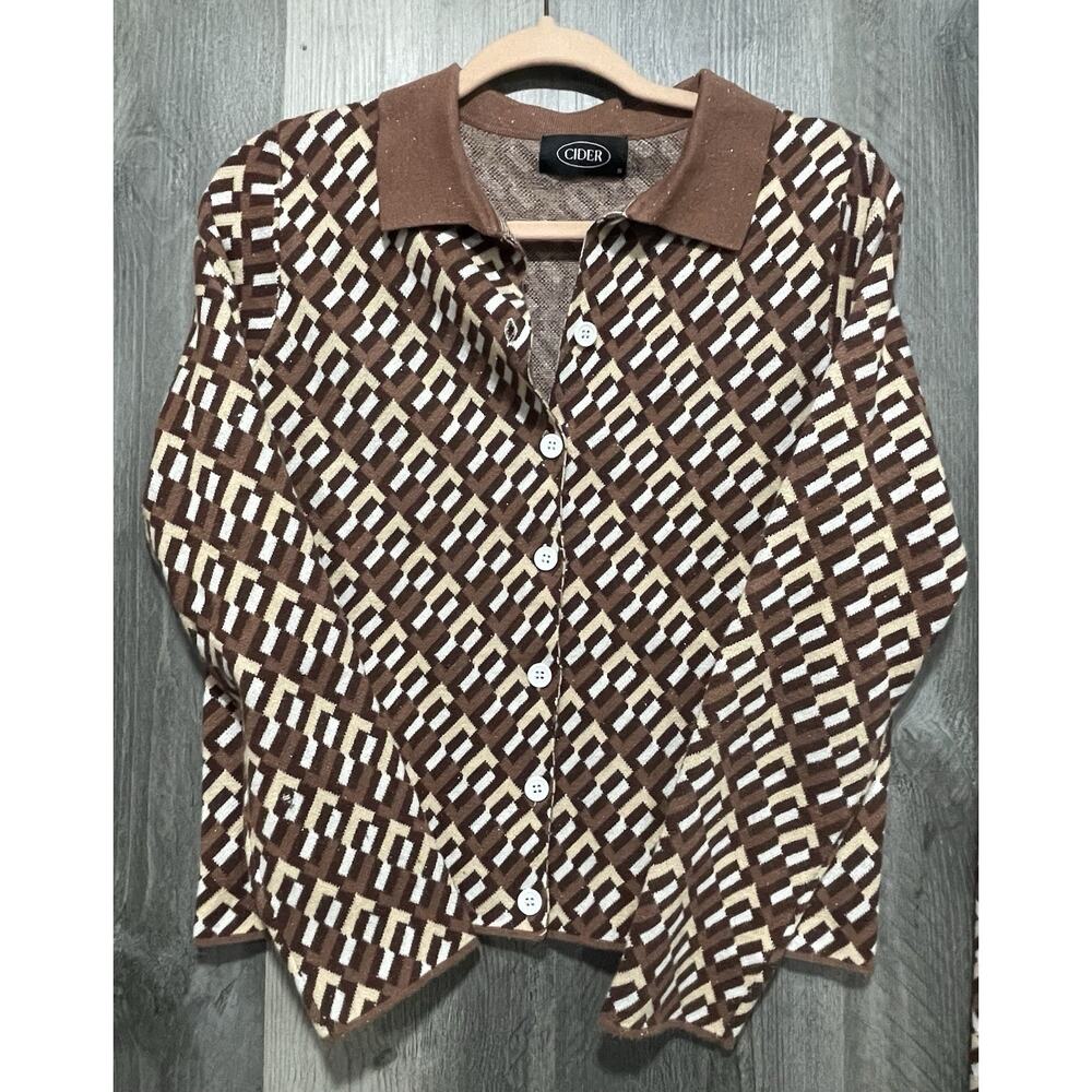 Womens 2 Piece Cider Geometric Print Knitted Polo Top & Trouser Set Brown - Picture 2 of 7